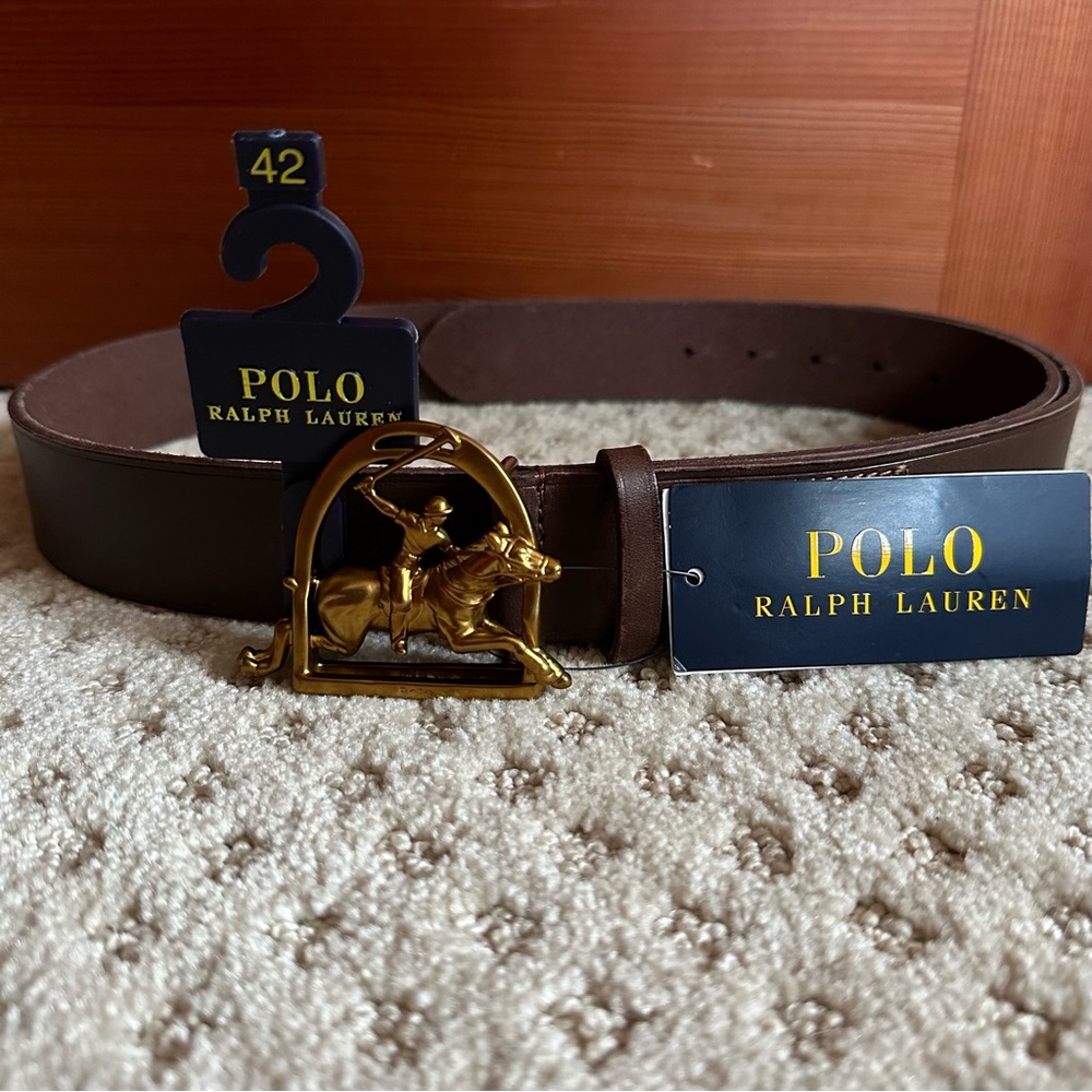BNWT POLO RALPH LAUREN Men's Belt 100% Brass Equestrian Buckle Brown Leather
